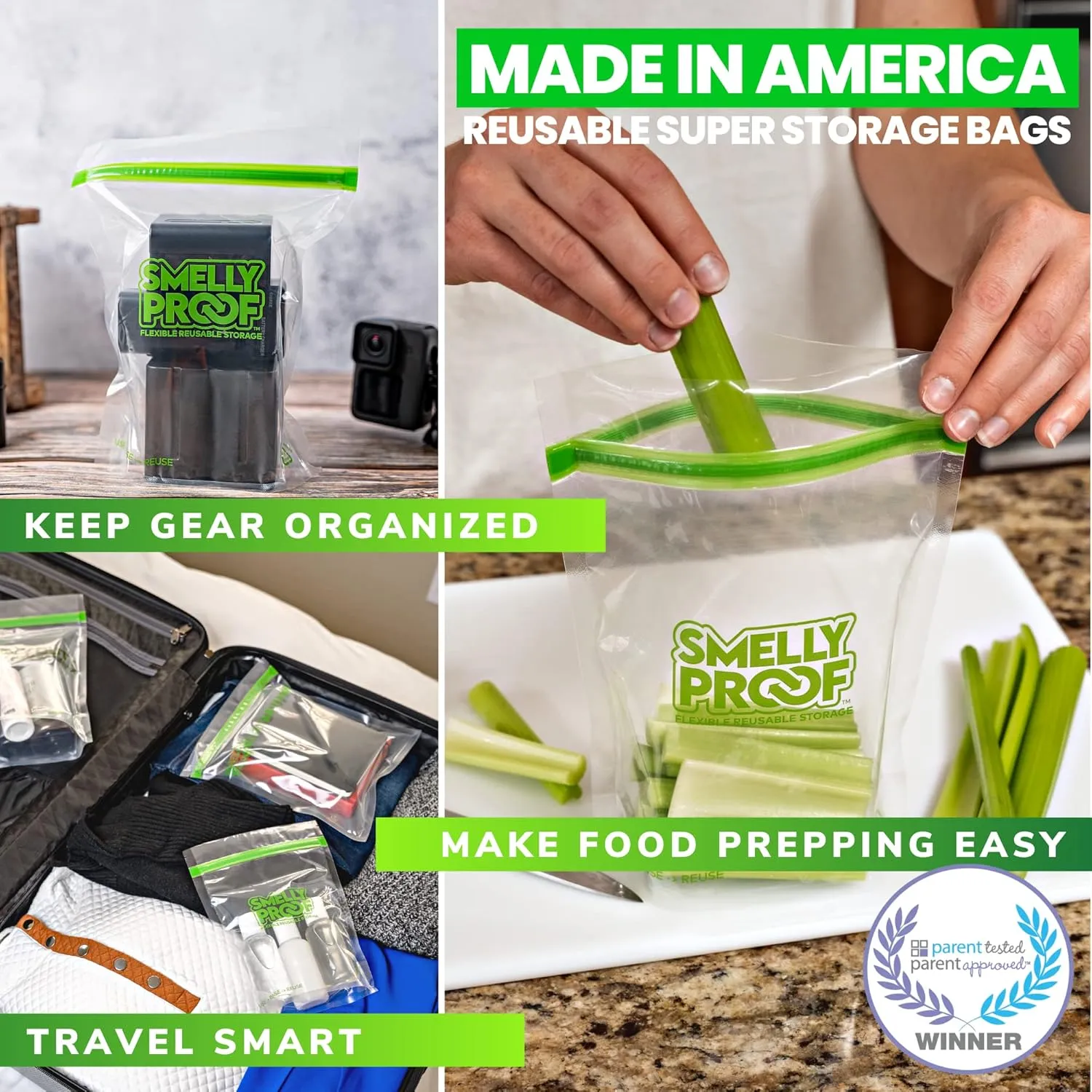 Smelly Proof 10 x Expandable Stand & Fill REUSABLE Storage Bags for Food Designed & Mfg in US, BPA FREE, NO PEVA, Reusable Sandwich Bags, Dishwasher-Safe, Clear 3 mils STAND UP 6.5" x 7.5" - 10pk