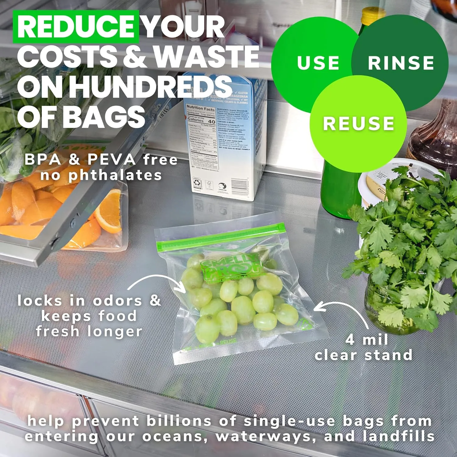 Smelly Proof 10 x Expandable Stand & Fill REUSABLE Storage Bags for Food Designed & Mfg in US, BPA FREE, NO PEVA, Reusable Sandwich Bags, Dishwasher-Safe, Clear 3 mils STAND UP 6.5" x 7.5" - 10pk