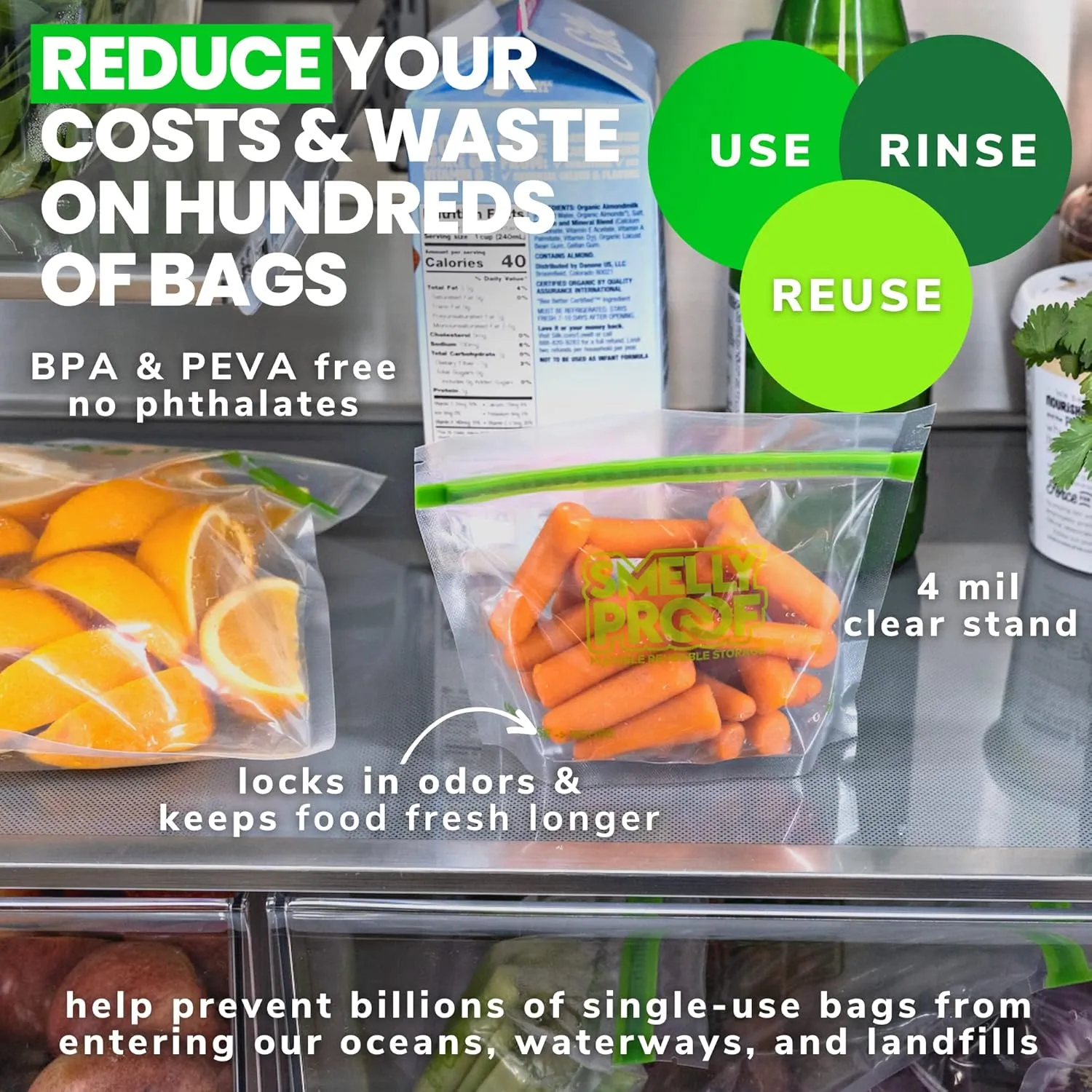 Smelly Proof 25 x Expandable Stand-Up & Fill REUSABLE Food Storage Bags Designed, US Made, PEVA & BPA FREE, Reusable Freezer Bags, Dishwasher-Safe, Clear 3 mils STAND & FILL 4" x 3" - 25pk