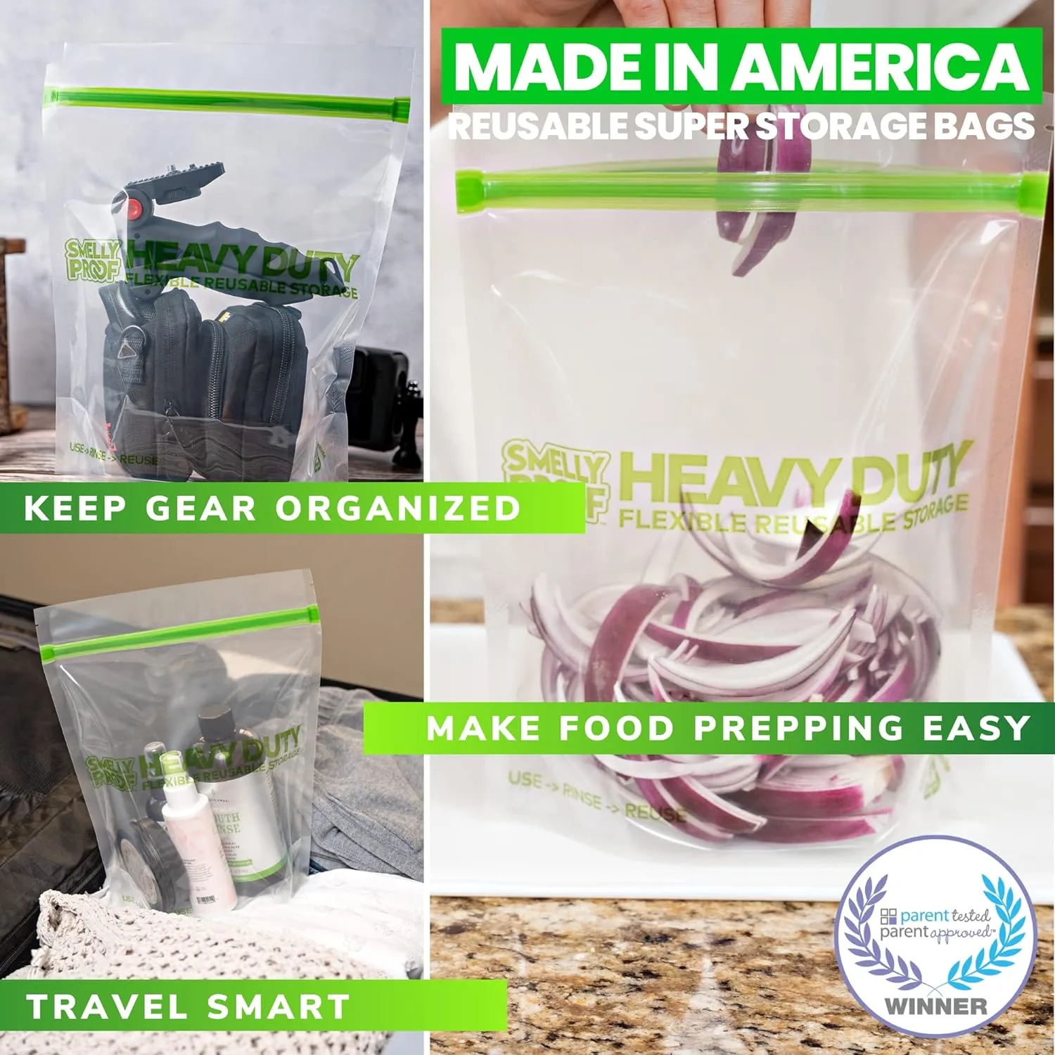 Smelly Proof HEAVY DUTY Reusable STAND-UP Ziplock Bags for Food Storage, USA Made, NO PEVA & BPA FREE, Reusable Freezer Bags, Dishwasher-Safe, Triple Zip, CLEAR 5-mils LRG Quart 8.5" x 10" - 5pk