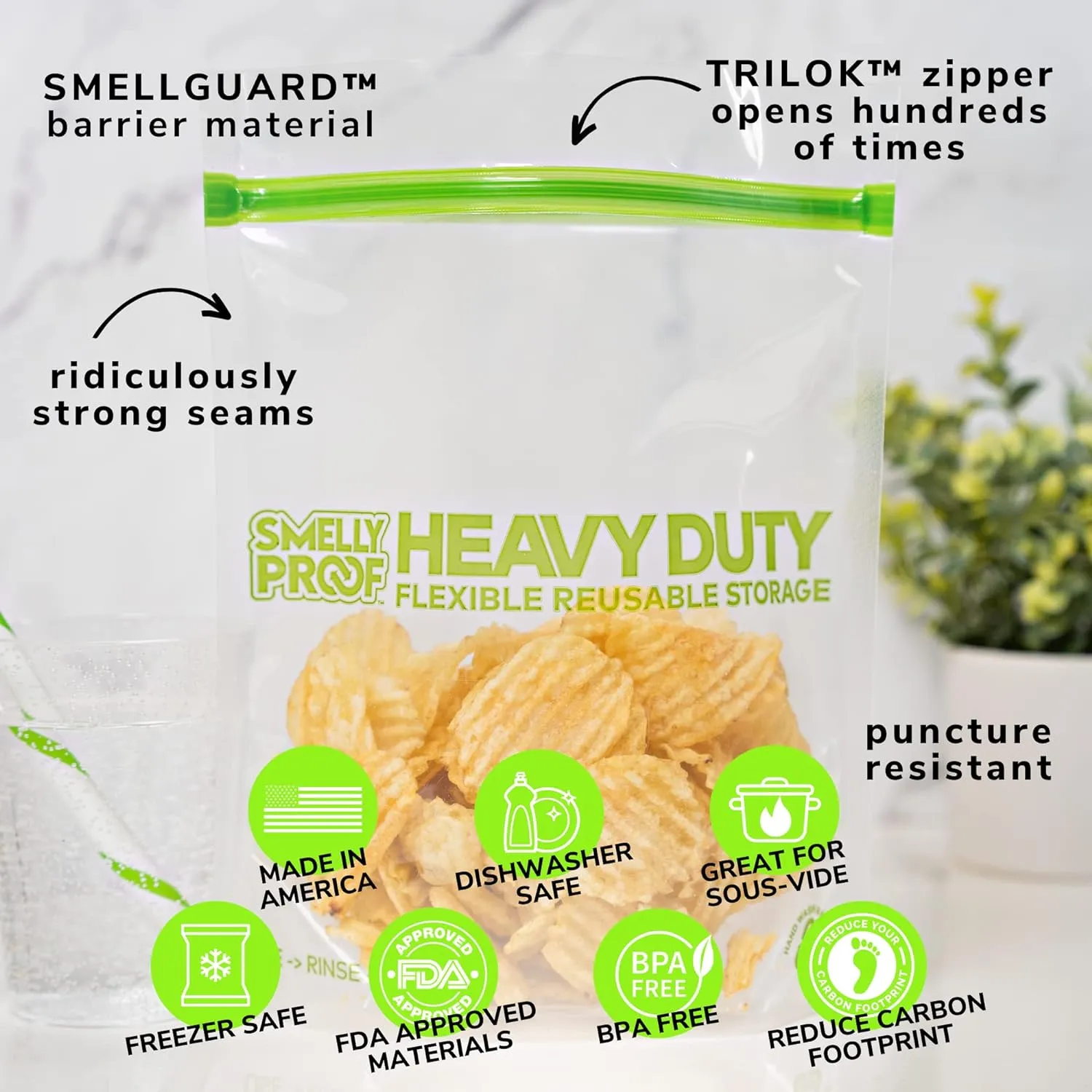 Smelly Proof HEAVY DUTY Reusable STAND-UP Ziplock Bags for Food Storage, USA Made, NO PEVA & BPA FREE, Reusable Freezer Bags, Dishwasher-Safe, Triple Zip, CLEAR 5-mils LRG Quart 8.5" x 10" - 5pk