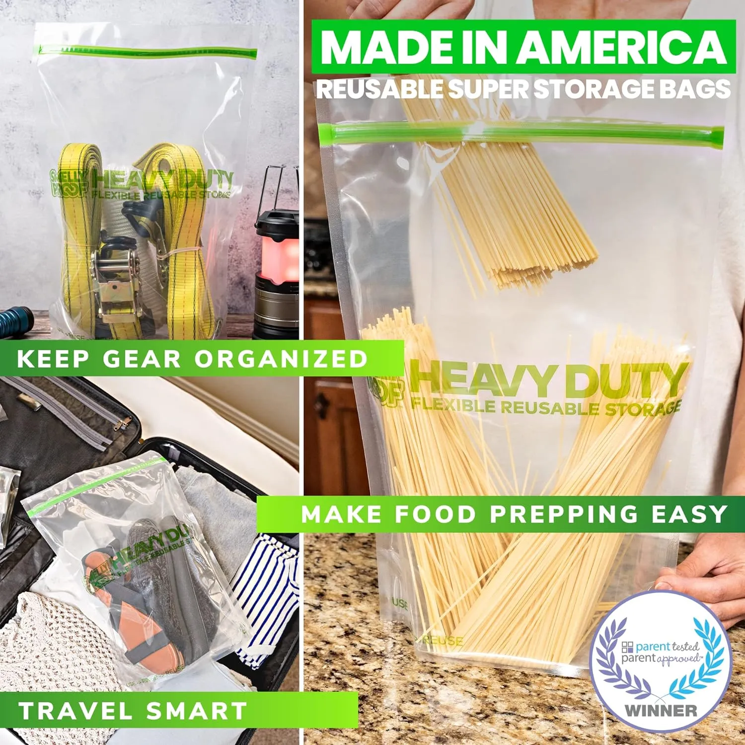 Smelly Proof HEAVY DUTY Reusable STAND-UP Ziplock Bags for Food Storage, USA Made, NO PEVA & BPA FREE, Reusable Freezer Bags, Dishwasher-Safe, Triple Zip, CLEAR 5-mils XXL 2-Gallon 12" x 16" - 5pk