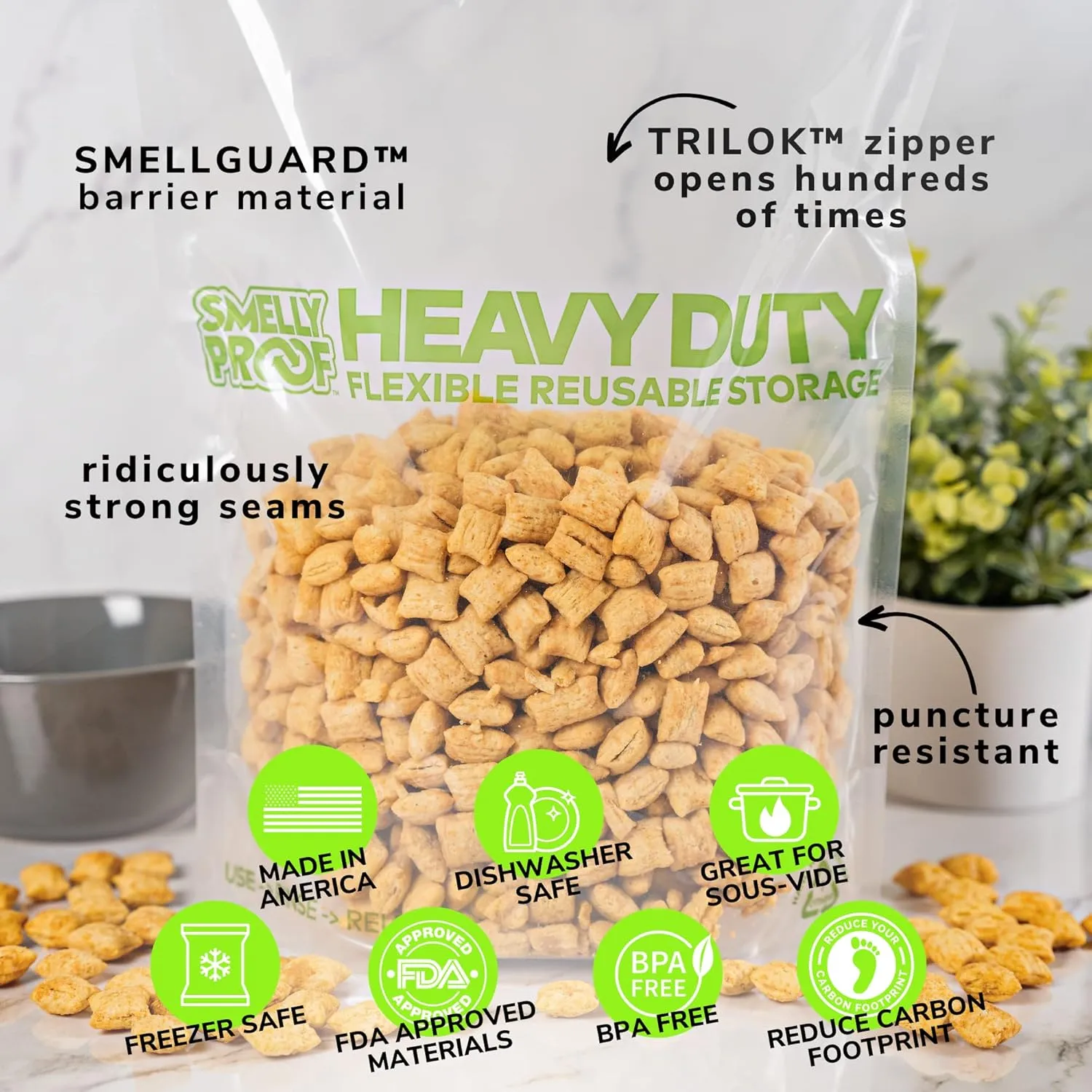 Smelly Proof HEAVY DUTY Reusable STAND-UP Ziplock Bags for Food Storage, USA Made, NO PEVA & BPA FREE, Reusable Freezer Bags, Dishwasher-Safe, Triple Zip, CLEAR 5-mils XXL 2-Gallon 12" x 16" - 5pk
