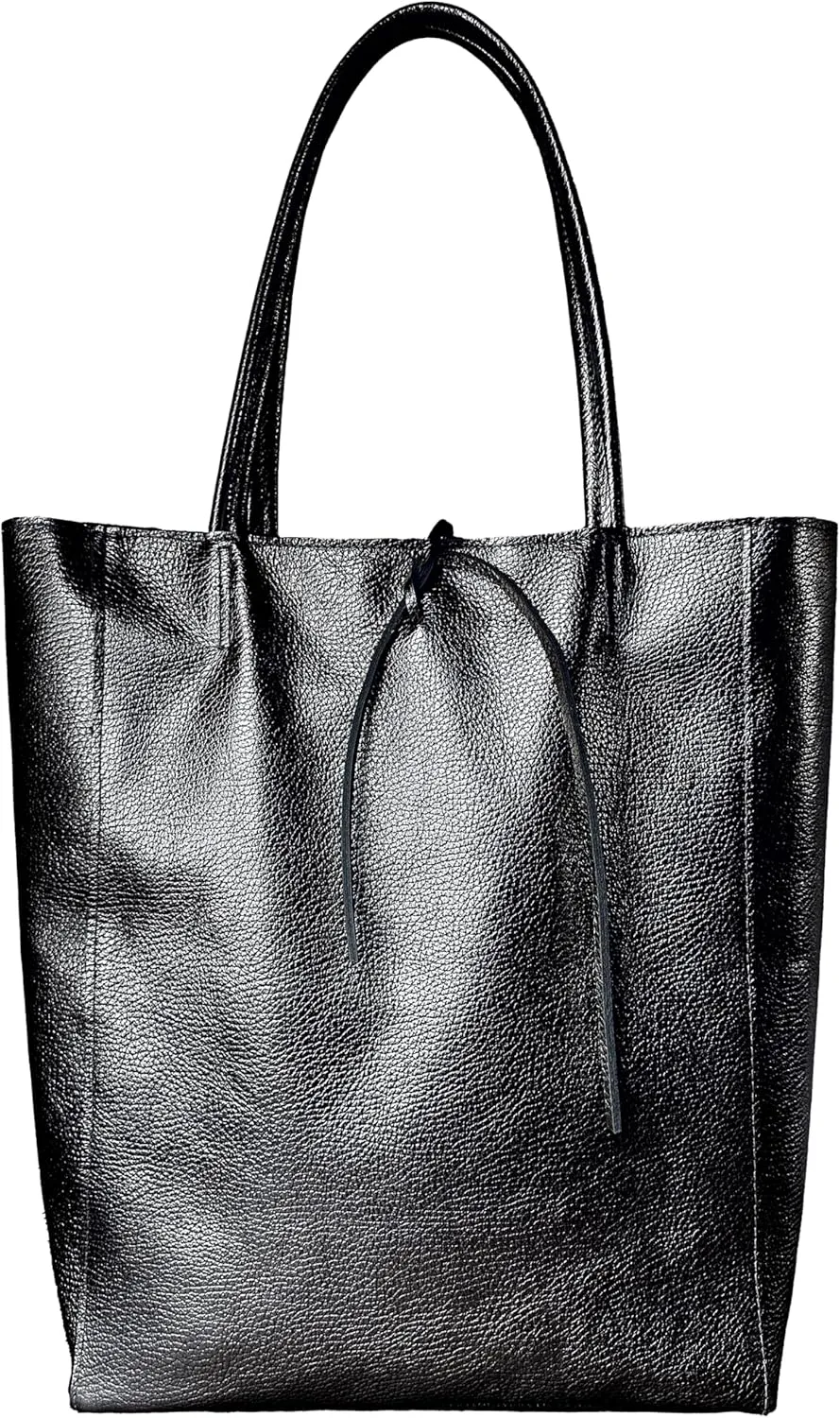 Soft Italian Genuine Calf Leather Metallic Tote Bag | Unstructured Unlined Shopper with Zipper & Inside Pocket
