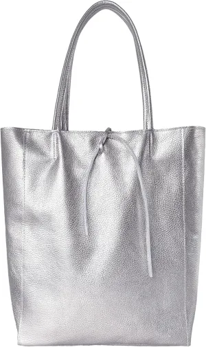 Soft Italian Genuine Calf Leather Metallic Tote Bag | Unstructured Unlined Shopper with Zipper & Inside Pocket