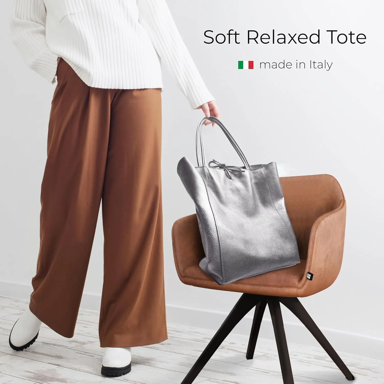 Soft Italian Genuine Calf Leather Metallic Tote Bag | Unstructured Unlined Shopper with Zipper & Inside Pocket