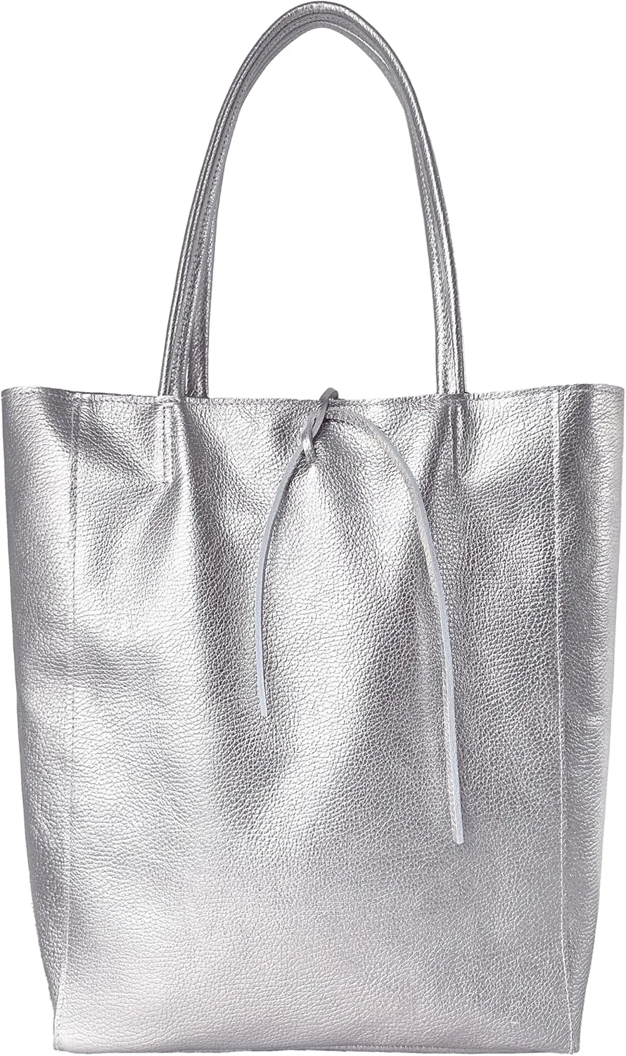 Soft Italian Genuine Calf Leather Metallic Tote Bag | Unstructured Unlined Shopper with Zipper & Inside Pocket