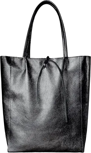 Soft Italian Genuine Calf Leather Metallic Tote Bag | Unstructured Unlined Shopper with Zipper & Inside Pocket