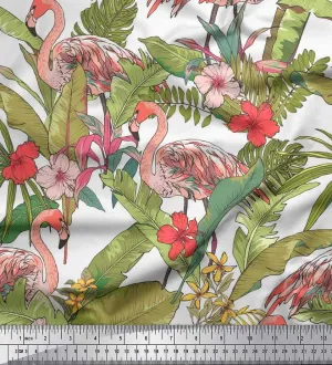 Soimoi Cotton Canvas White Fabric - by The Yard - 42 Inch Wide - Flamingo & Leaves Tropical - Flamingo Haven: Exotic Leaves with Pink Flamingos Printed Fabric