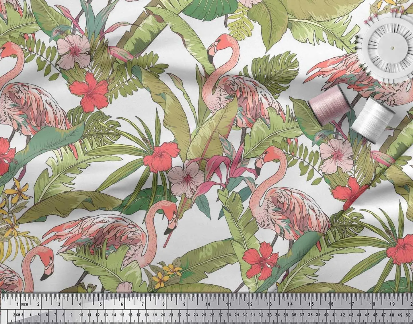 Soimoi Cotton Canvas White Fabric - by The Yard - 42 Inch Wide - Flamingo & Leaves Tropical - Flamingo Haven: Exotic Leaves with Pink Flamingos Printed Fabric