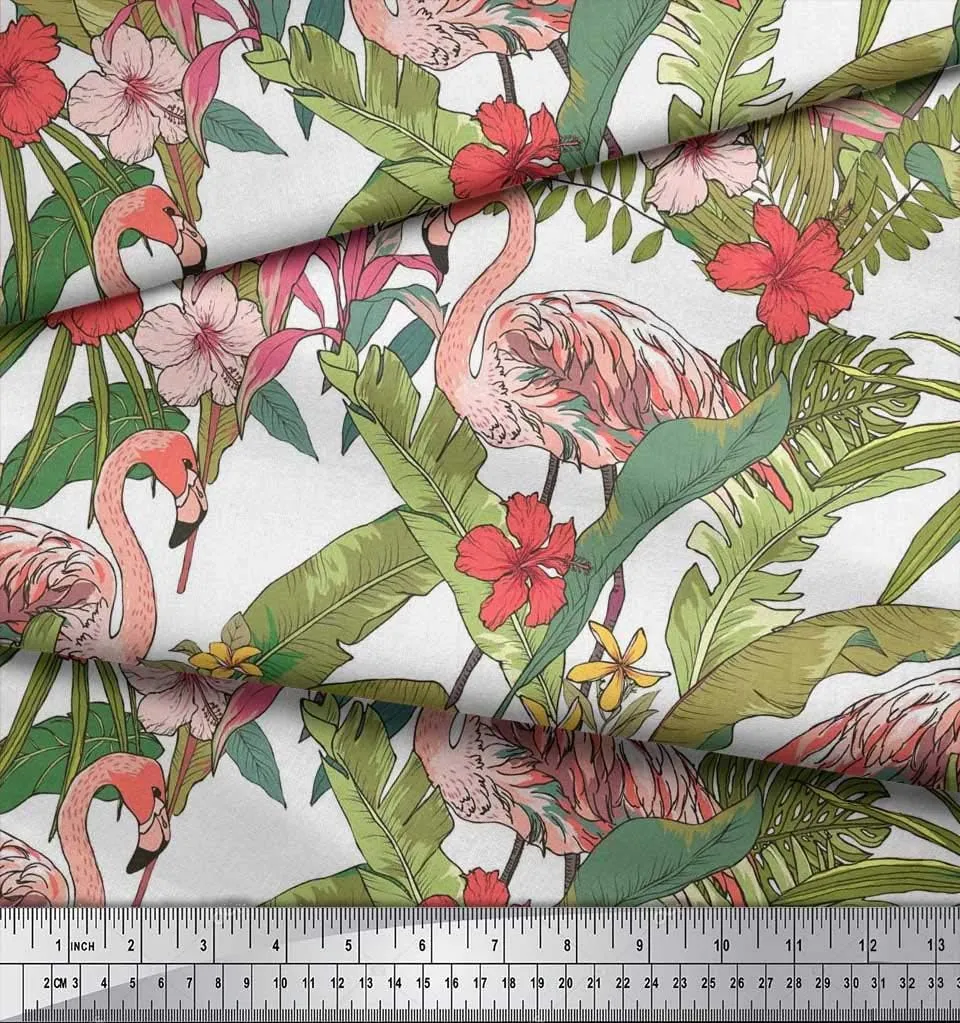 Soimoi Cotton Canvas White Fabric - by The Yard - 42 Inch Wide - Flamingo & Leaves Tropical - Flamingo Haven: Exotic Leaves with Pink Flamingos Printed Fabric
