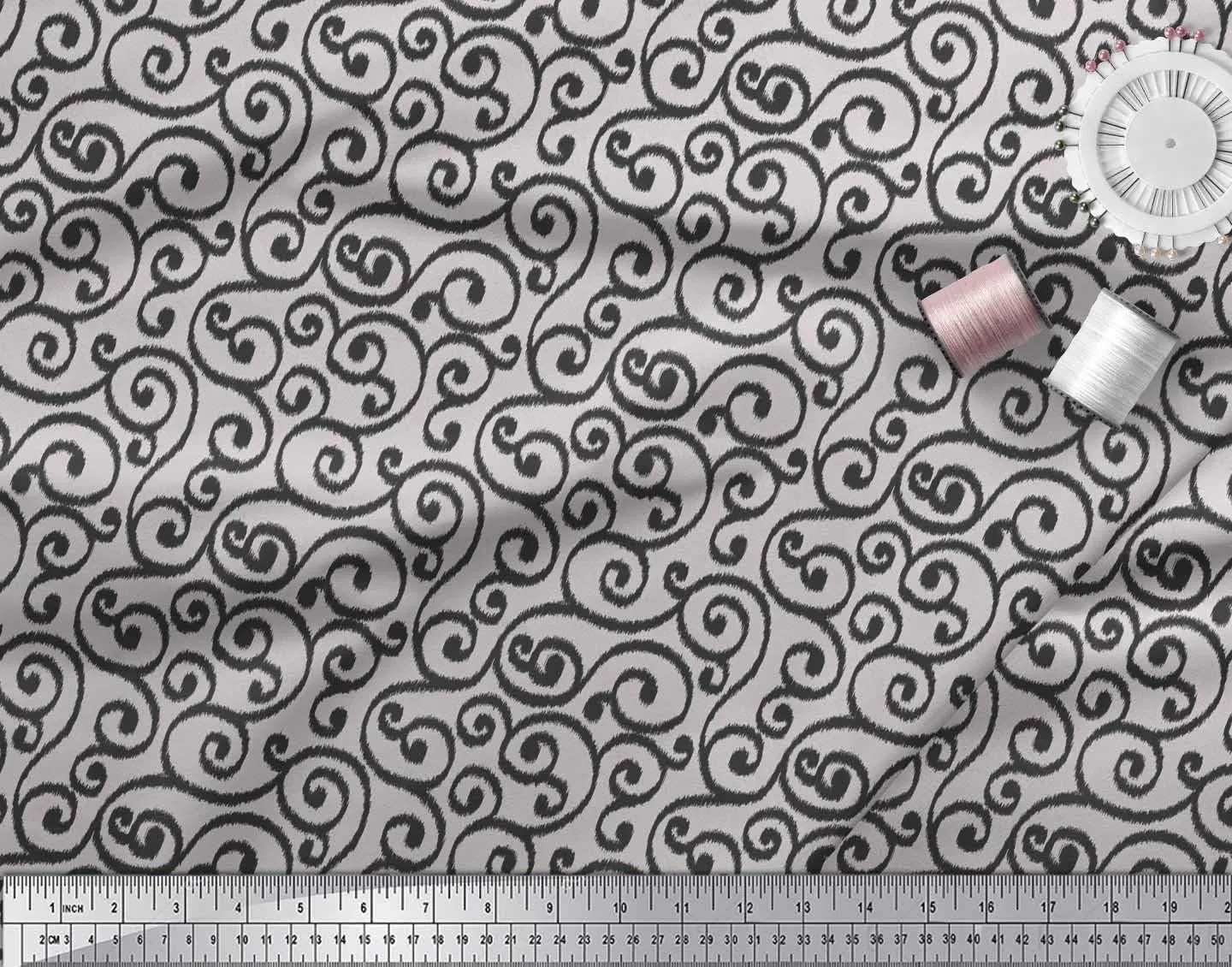 Soimoi Heavy Canvas Grey Fabric - by The Yard - 58 Inch Wide - Swirl Ikat Textile - Elegant and Modern Patterns for Trendy Apparel and Decor Printed Fabric