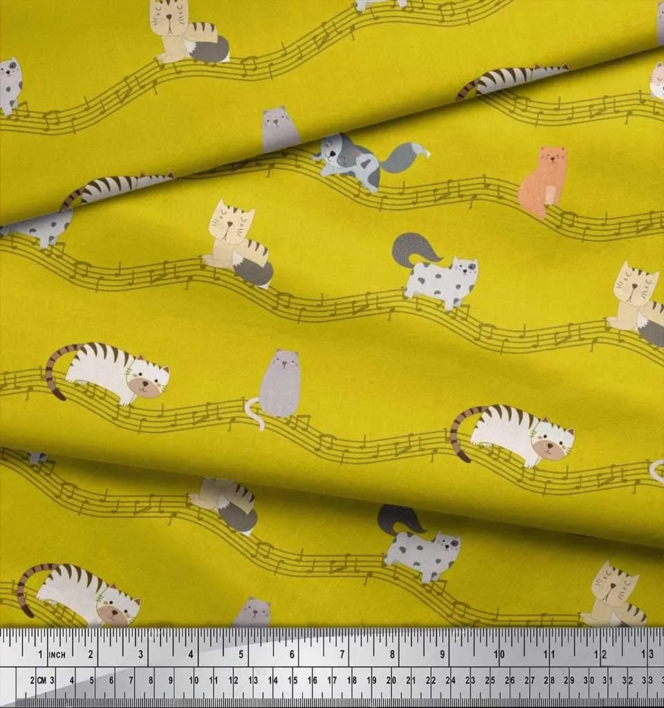 Soimoi Heavy Canvas Yellow Fabric - by The Yard - 58 Inch Wide - Musical Notes & Cat Animal Fabric - Melodic and Playful Designs for Music Enthusiasts Printed Fabric