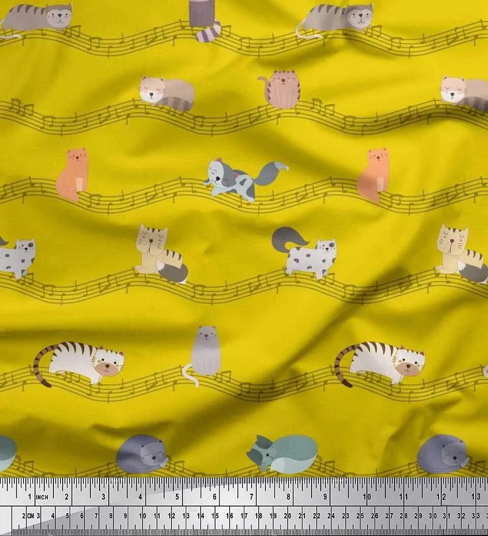 Soimoi Heavy Canvas Yellow Fabric - by The Yard - 58 Inch Wide - Musical Notes & Cat Animal Fabric - Melodic and Playful Designs for Music Enthusiasts Printed Fabric