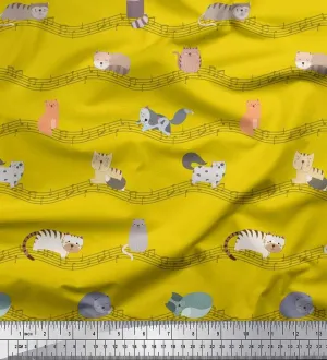 Soimoi Heavy Canvas Yellow Fabric - by The Yard - 58 Inch Wide - Musical Notes & Cat Animal Fabric - Melodic and Playful Designs for Music Enthusiasts Printed Fabric