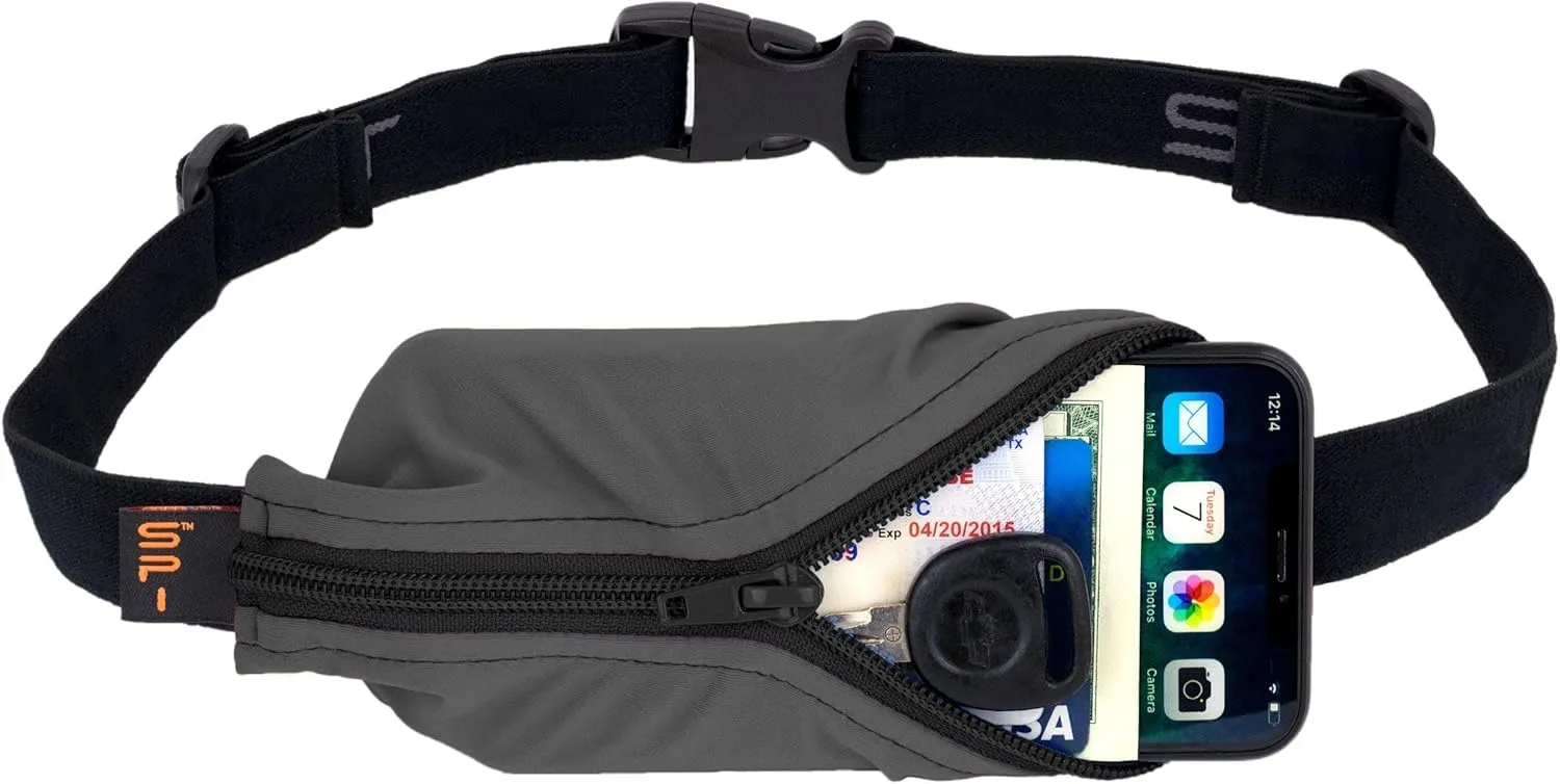 SPIbelt Original Pocket Running Belt for Women Men, Phone Holder for Running, Running Fanny Pack, Holder for Phone, Running Waist Pack, Expandable, Adjustable. Anthracite with Black Zipper
