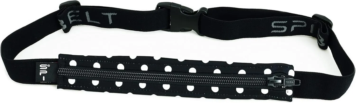 SPIbelt Original Pocket Running Belt for Women Men, Phone Holder for Running, Running Fanny Pack, Holder for Phone, Running Waist Pack, Expandable, Adjustable. Black White Polka Dot/Black Zipper