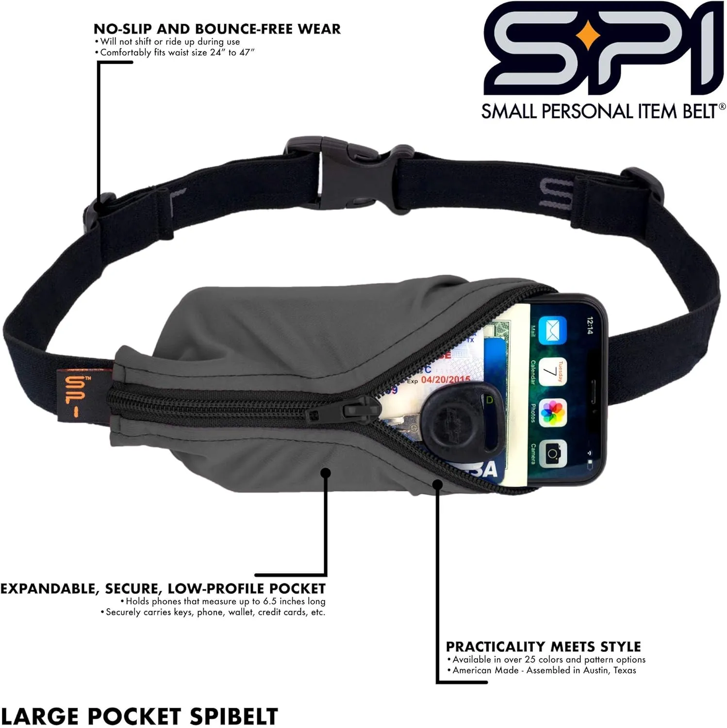 SPIbelt Original Pocket Running Belt for Women Men, Phone Holder for Running, Running Fanny Pack, Holder for Phone, Running Waist Pack, Expandable, Adjustable. Black with Anthracite Zipper