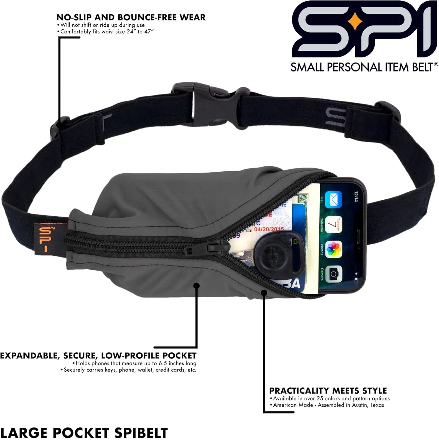 SPIbelt Original Pocket Running Belt for Women Men, Phone Holder for Running, Running Fanny Pack, Holder for Phone, Running Waist Pack, Expandable, Adjustable. Black with Black Zipper