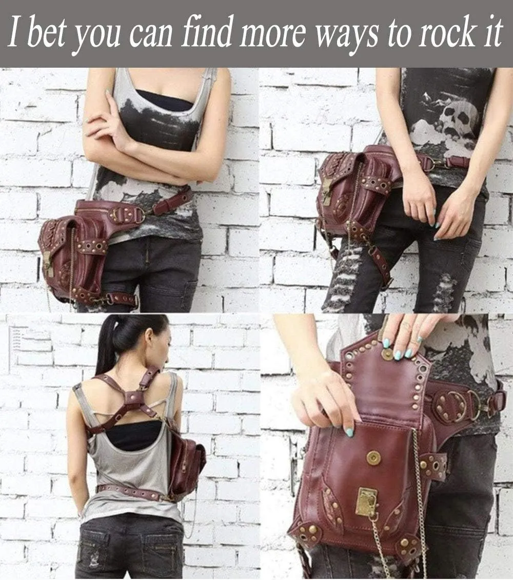 Steampunk Waist Bag Fanny Pack Thigh Holster Purse Gothic Leather Shoulder Crossbody Hiking Chain Messenger Bag