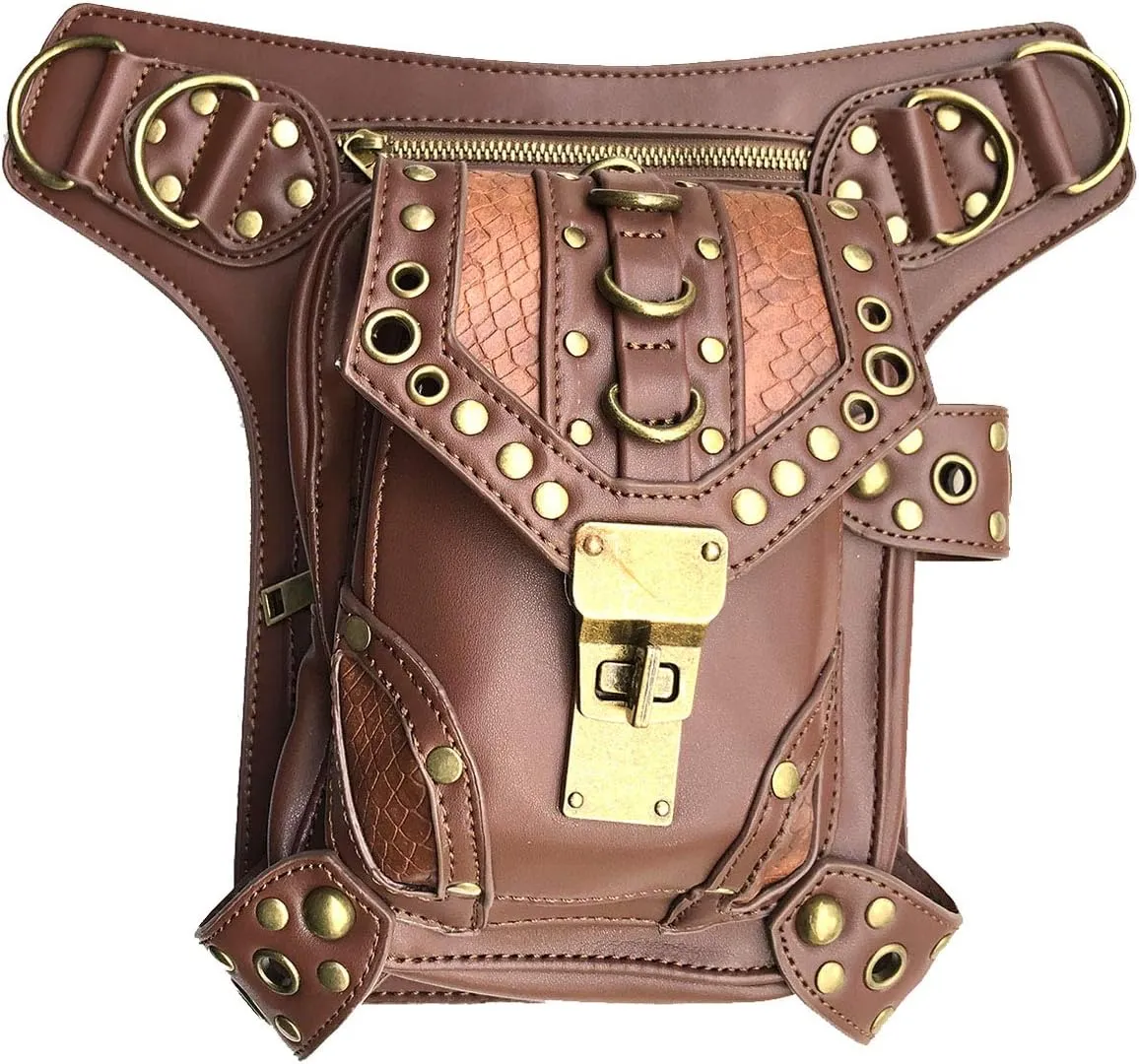 Steampunk Waist Bag Fanny Pack Thigh Holster Purse Gothic Leather Shoulder Crossbody Hiking Chain Messenger Bag