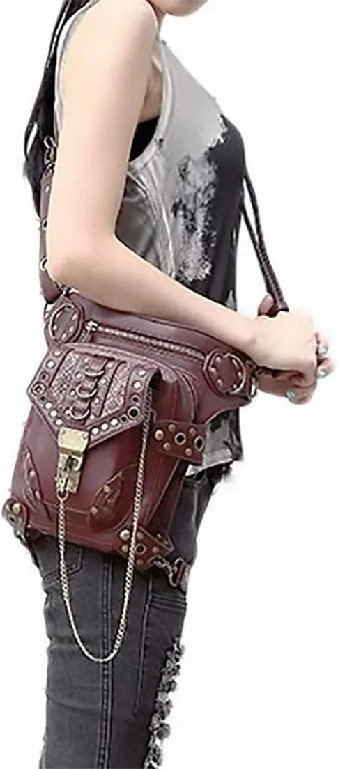 Steampunk Waist Bag Fanny Pack Thigh Holster Purse Gothic Leather Shoulder Crossbody Hiking Chain Messenger Bag