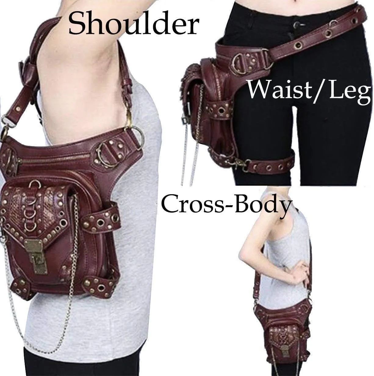 Steampunk Waist Bag Fanny Pack Thigh Holster Purse Gothic Leather Shoulder Crossbody Hiking Chain Messenger Bag