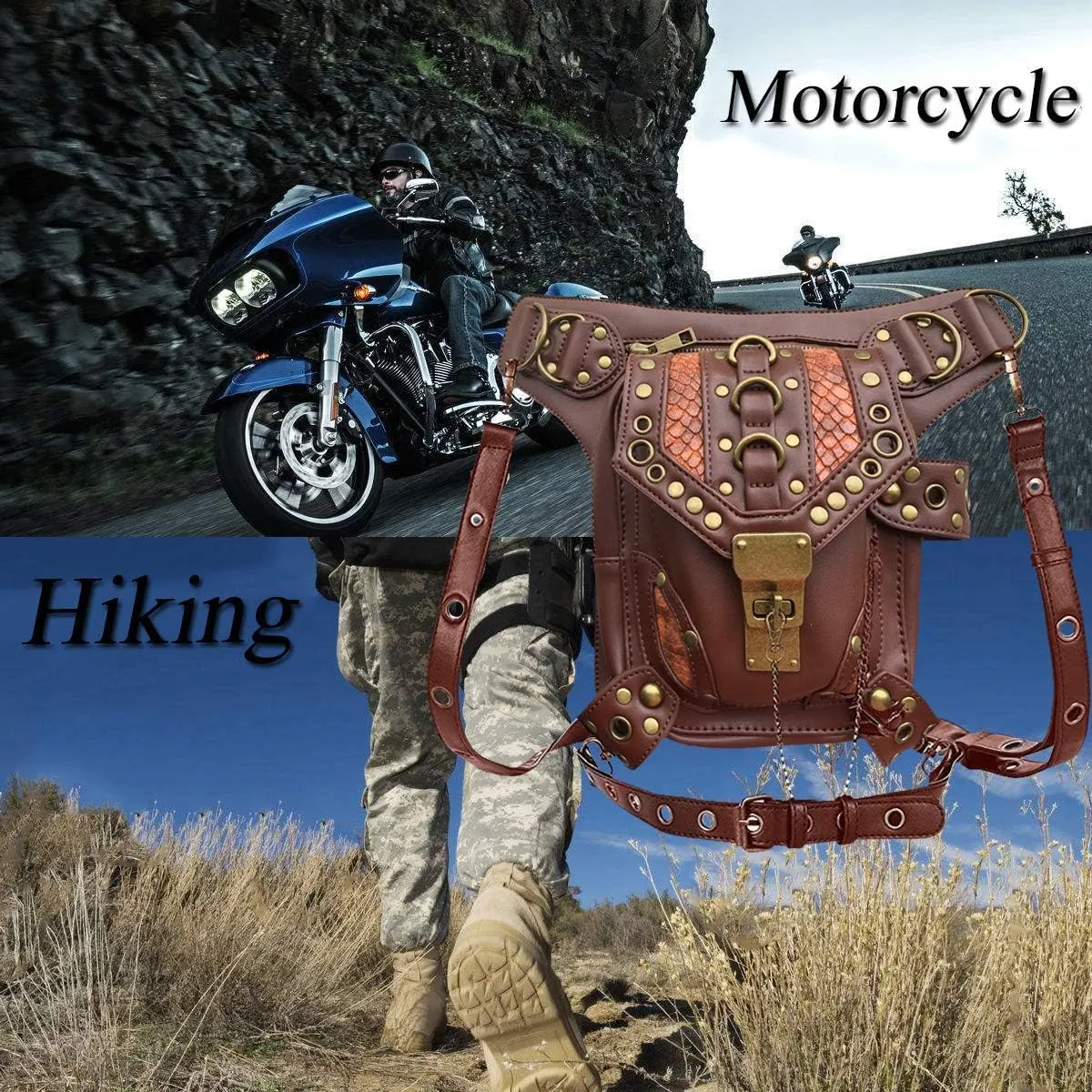 Steampunk Waist Bag Fanny Pack Thigh Holster Purse Gothic Leather Shoulder Crossbody Hiking Chain Messenger Bag