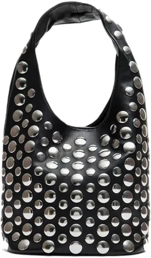 Studded Leather Bucket Bag, Hobo Shoulder Handbag with Silver Rivets, Black and Burgundy
