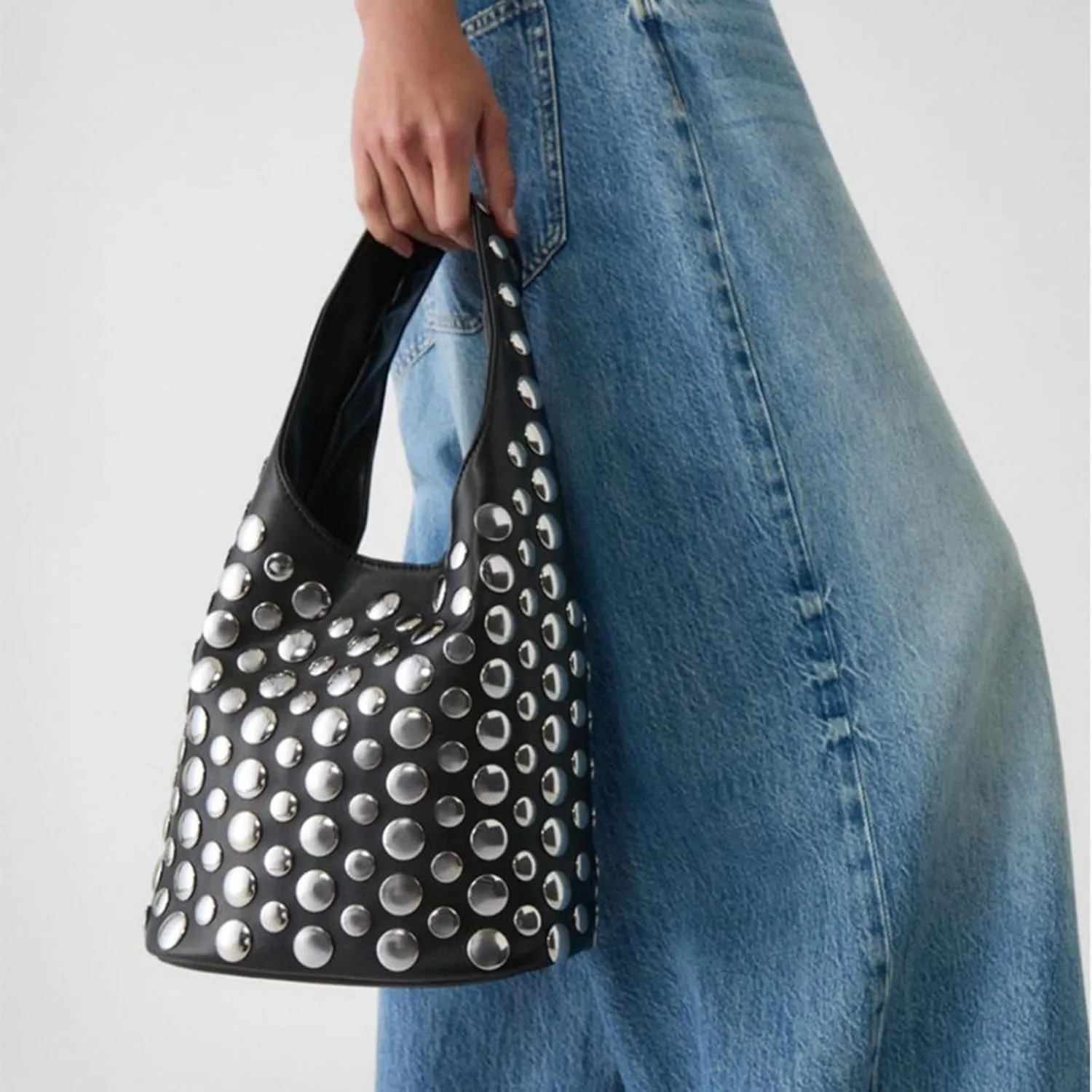 Studded Leather Bucket Bag, Hobo Shoulder Handbag with Silver Rivets, Black and Burgundy
