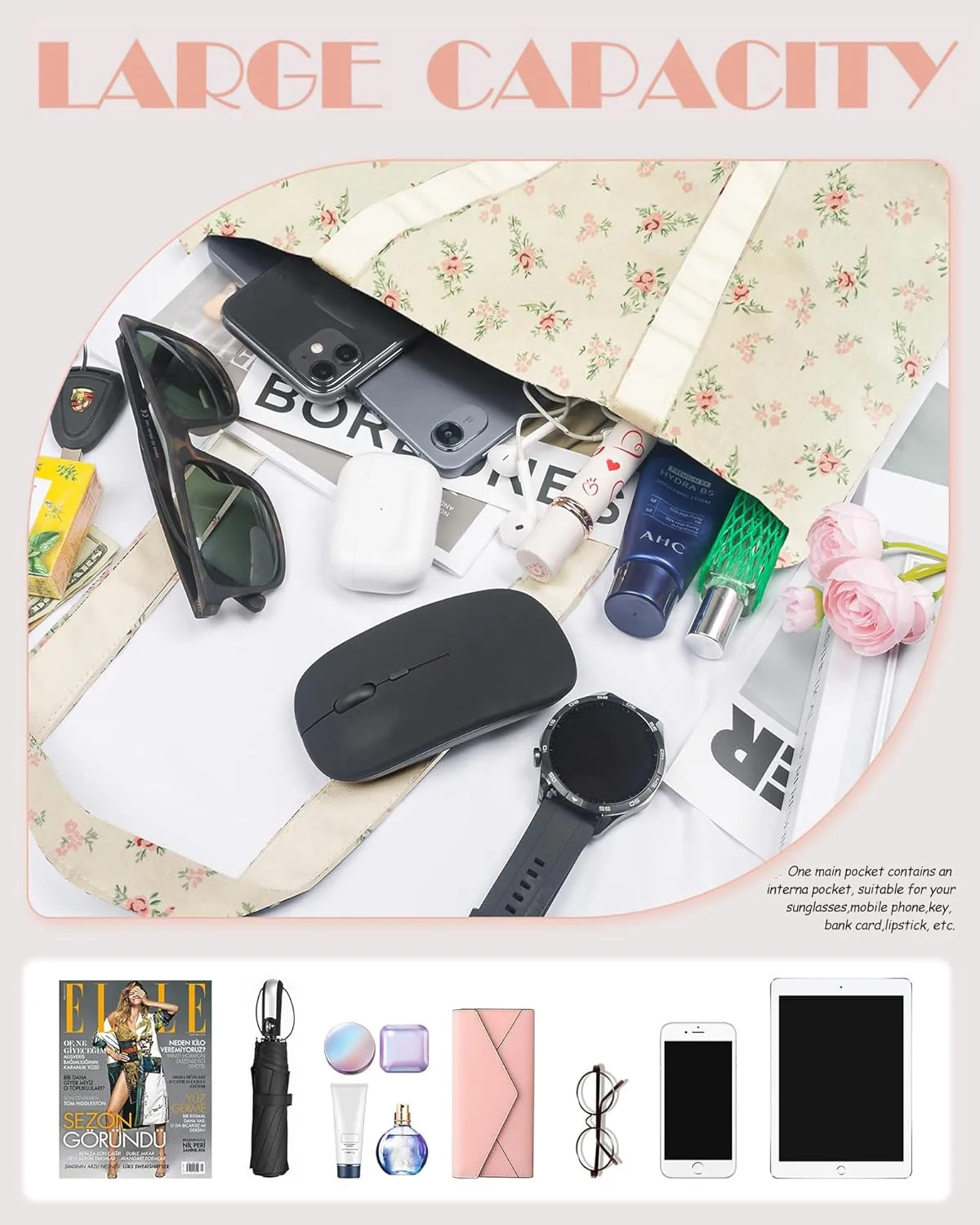 STUOYE Canvas Tote Bag for Women Cute Cotton Tote Bags Floral Travel Beach Bag Reusable Grocery Bags Cloth Shoulder Handbags