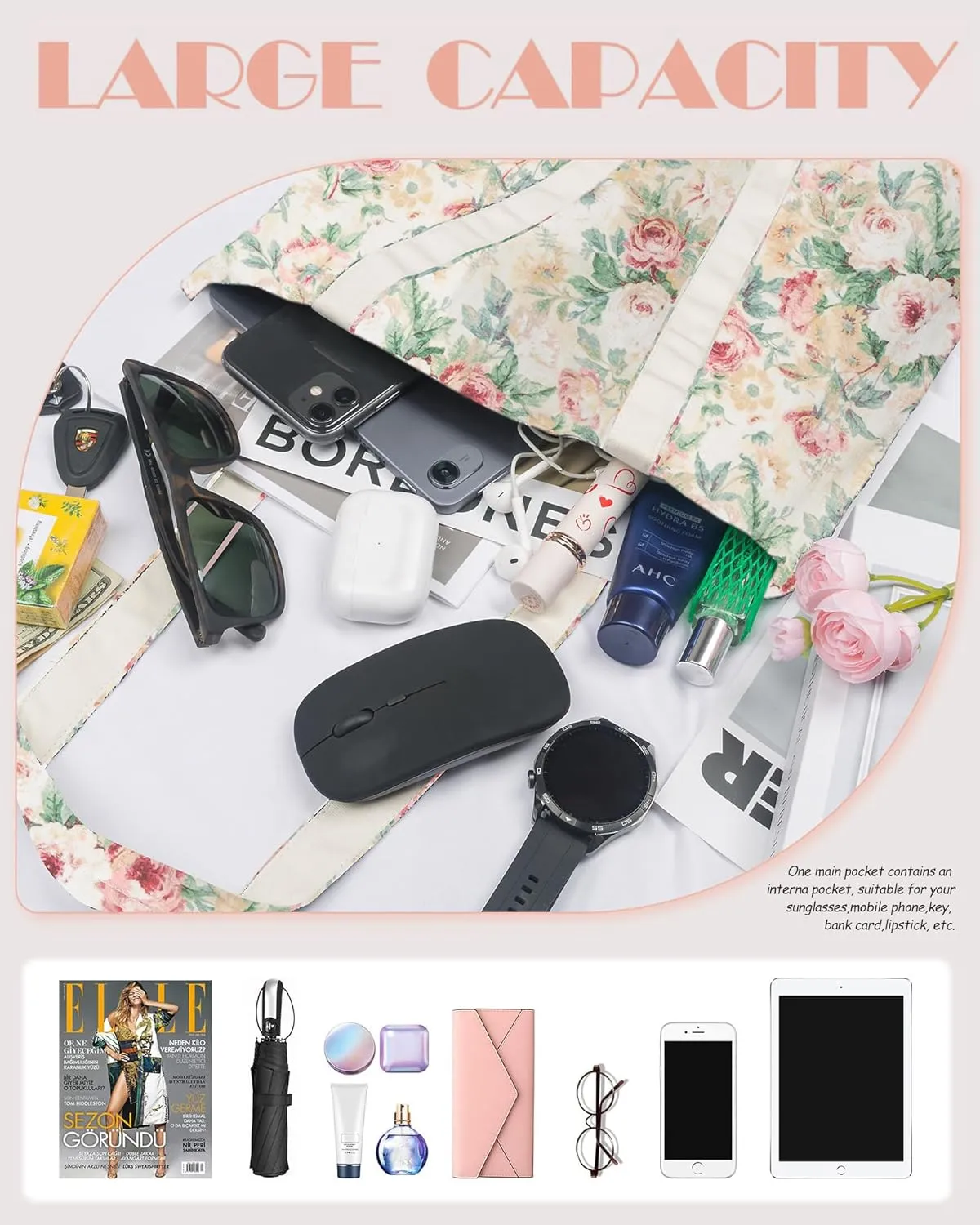 STUOYE Canvas Tote Bag for Women Cute Cotton Tote Bags Floral Travel Beach Bag Reusable Grocery Bags Cloth Shoulder Handbags