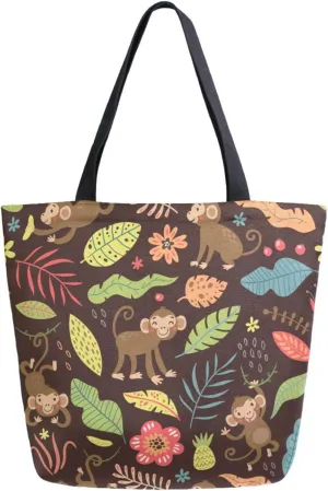 Stylish Extra Large Shoulder Grocery Tote Bag, Cartoon Monkeys Jungle Floral Leaves Canvas Daily Handle Bag for Gym Yoga Weekender Beach Travel Picnic Kitchen Reusable Market Shopping