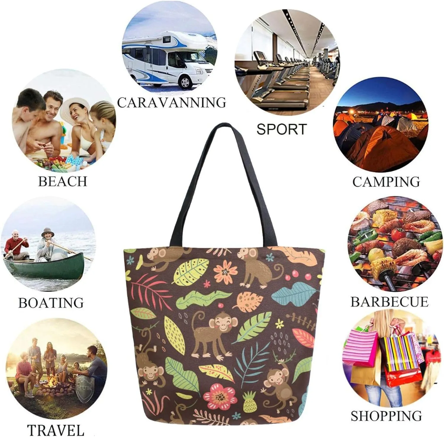 Stylish Extra Large Shoulder Grocery Tote Bag, Cartoon Monkeys Jungle Floral Leaves Canvas Daily Handle Bag for Gym Yoga Weekender Beach Travel Picnic Kitchen Reusable Market Shopping