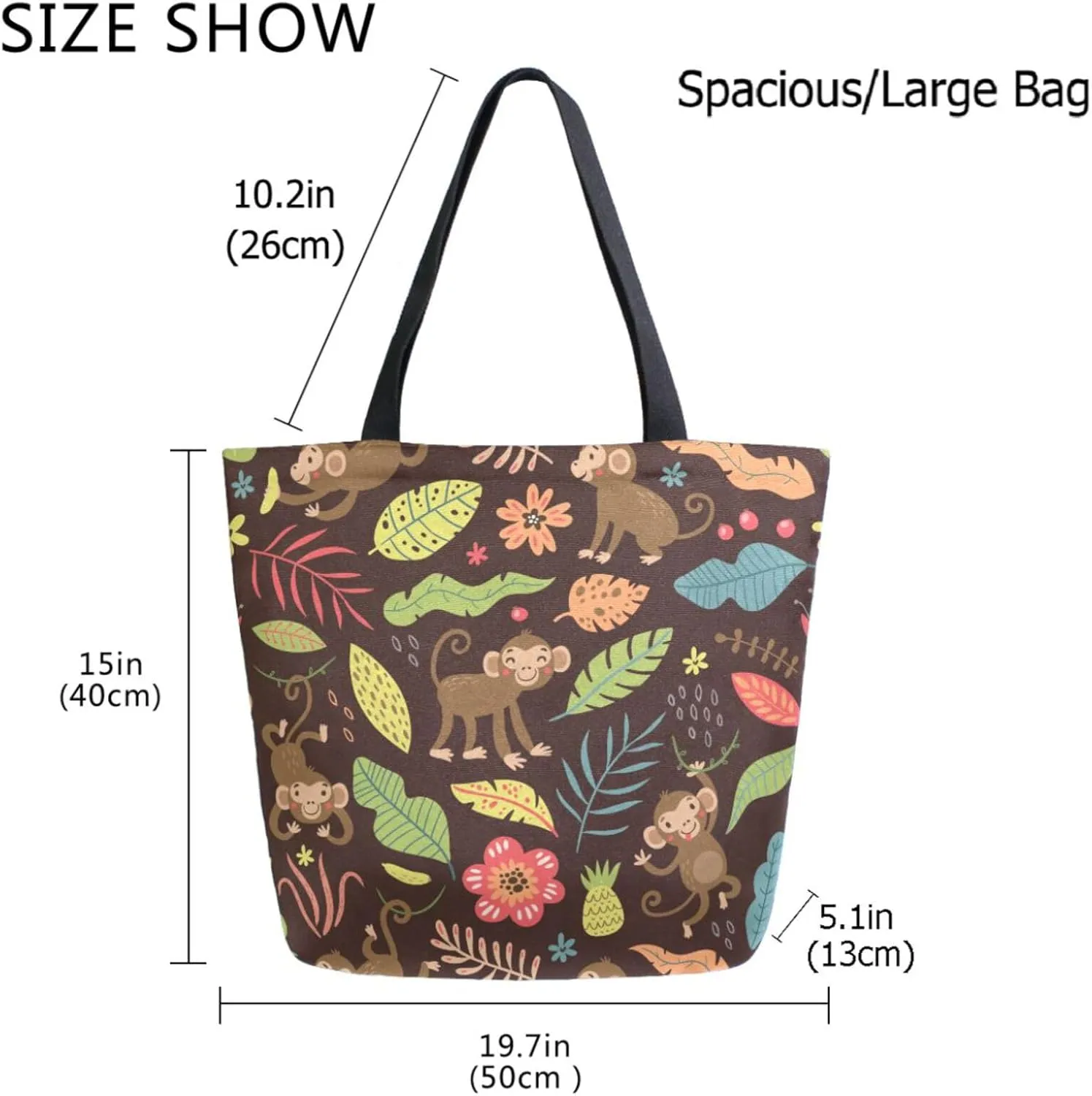 Stylish Extra Large Shoulder Grocery Tote Bag, Cartoon Monkeys Jungle Floral Leaves Canvas Daily Handle Bag for Gym Yoga Weekender Beach Travel Picnic Kitchen Reusable Market Shopping