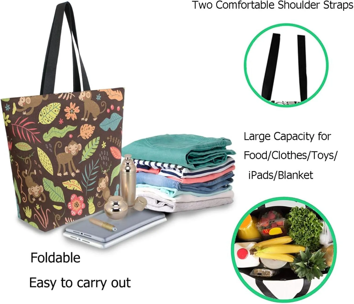 Stylish Extra Large Shoulder Grocery Tote Bag, Cartoon Monkeys Jungle Floral Leaves Canvas Daily Handle Bag for Gym Yoga Weekender Beach Travel Picnic Kitchen Reusable Market Shopping