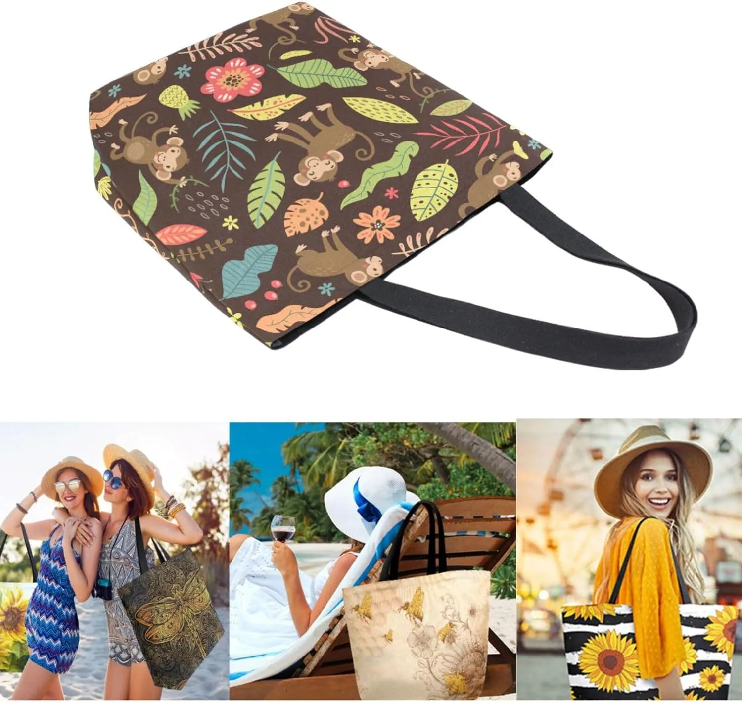 Stylish Extra Large Shoulder Grocery Tote Bag, Cartoon Monkeys Jungle Floral Leaves Canvas Daily Handle Bag for Gym Yoga Weekender Beach Travel Picnic Kitchen Reusable Market Shopping
