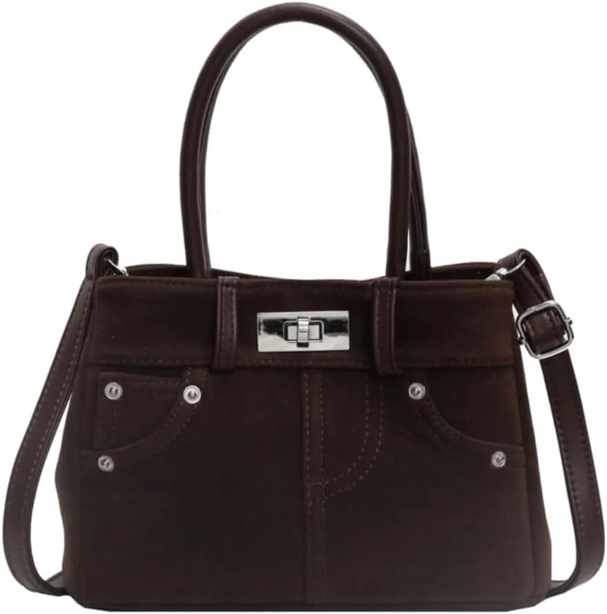 Suede Shoulder Bag for Women Retro Suede Tote Bag Handbag Underarm Bag with Detachable Strap