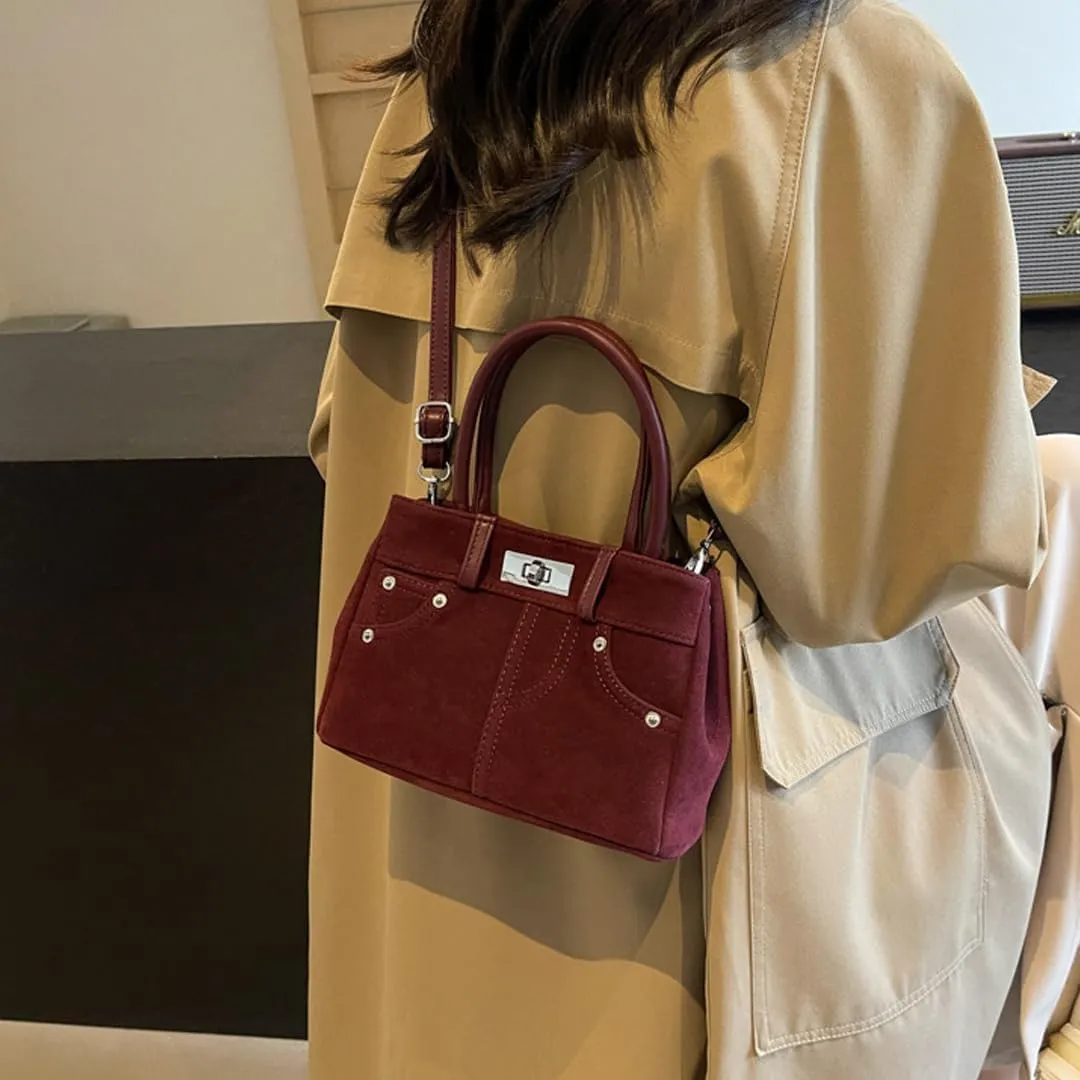 Suede Shoulder Bag for Women Retro Suede Tote Bag Handbag Underarm Bag with Detachable Strap