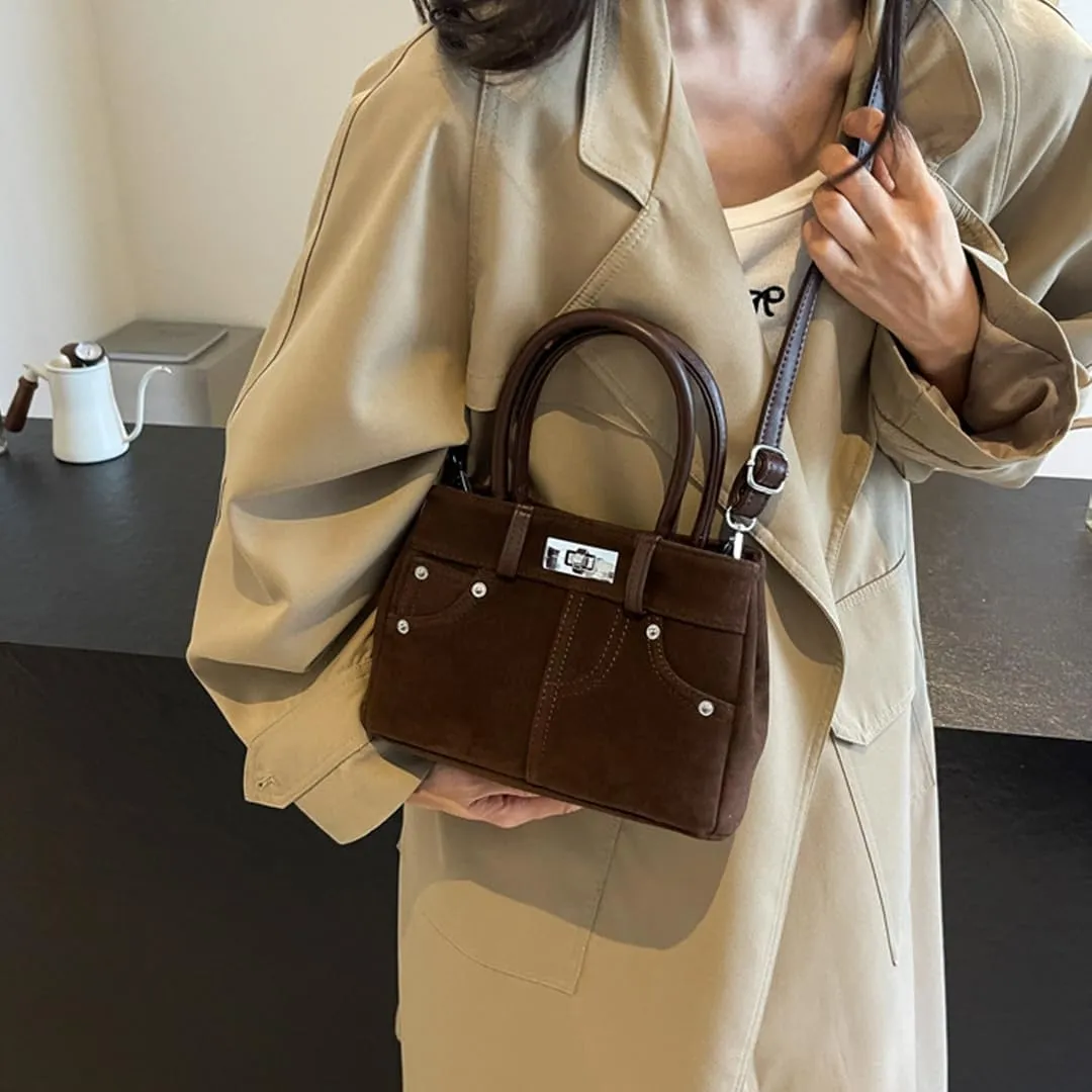 Suede Shoulder Bag for Women Retro Suede Tote Bag Handbag Underarm Bag with Detachable Strap