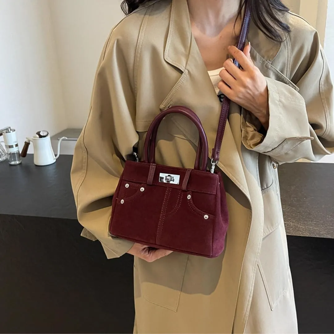 Suede Shoulder Bag for Women Retro Suede Tote Bag Handbag Underarm Bag with Detachable Strap