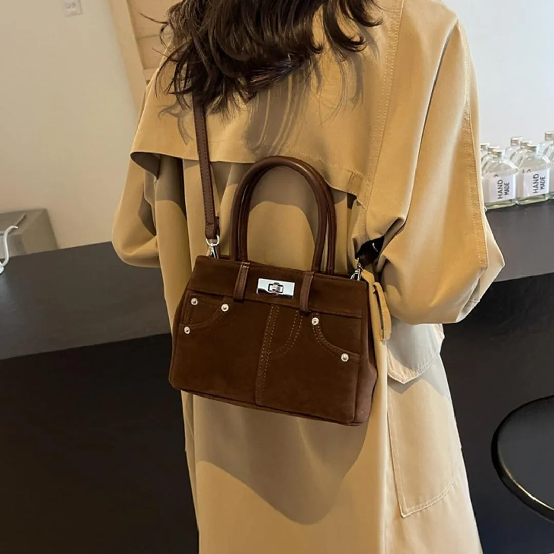 Suede Shoulder Bag for Women Retro Suede Tote Bag Handbag Underarm Bag with Detachable Strap
