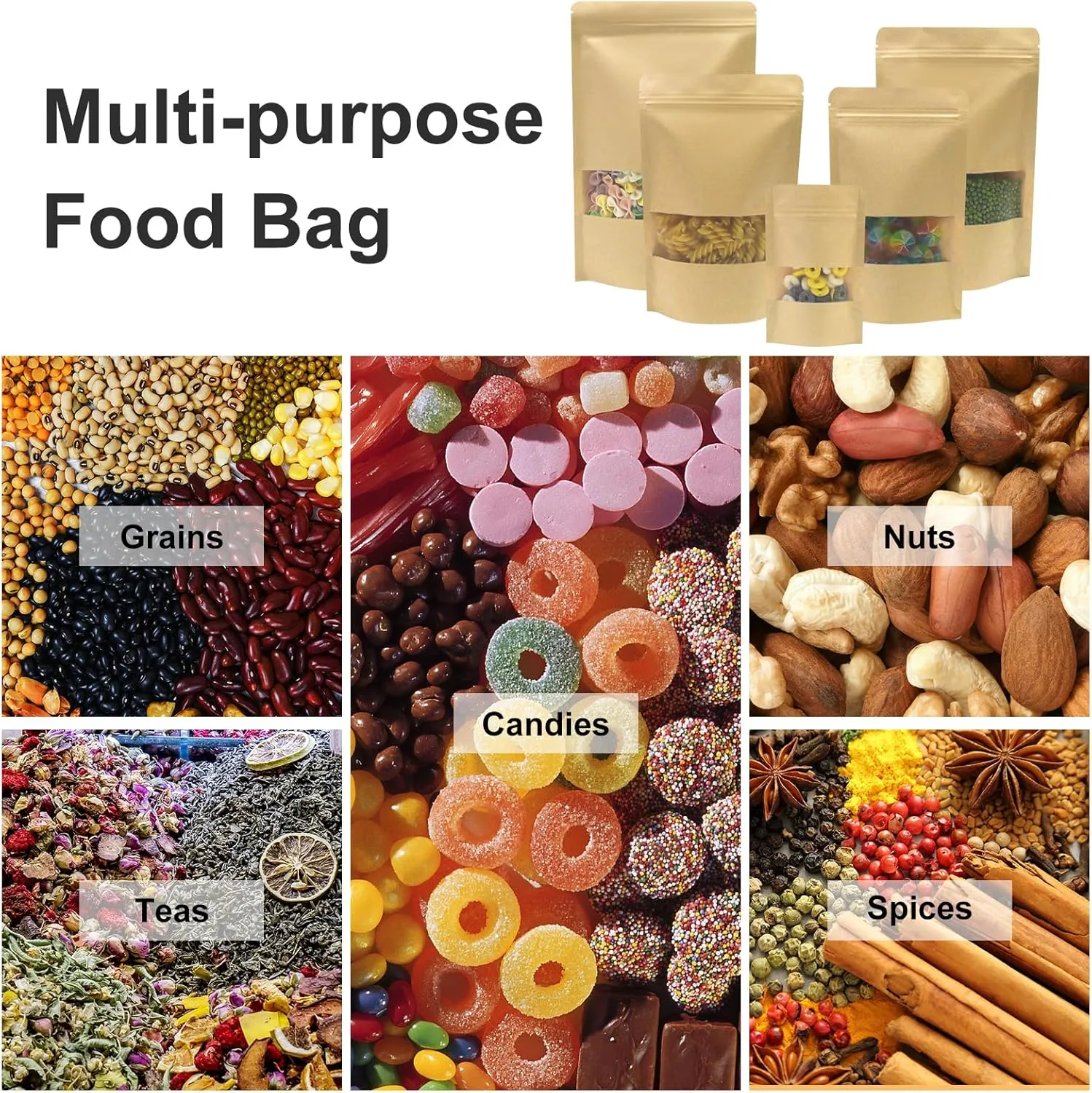 SumDirect Kraft Food Bags with Window - Resealable Kraft Stand Up Pouches, 50Pack 7X10inches Zipper Food Storage Bags for Packaging