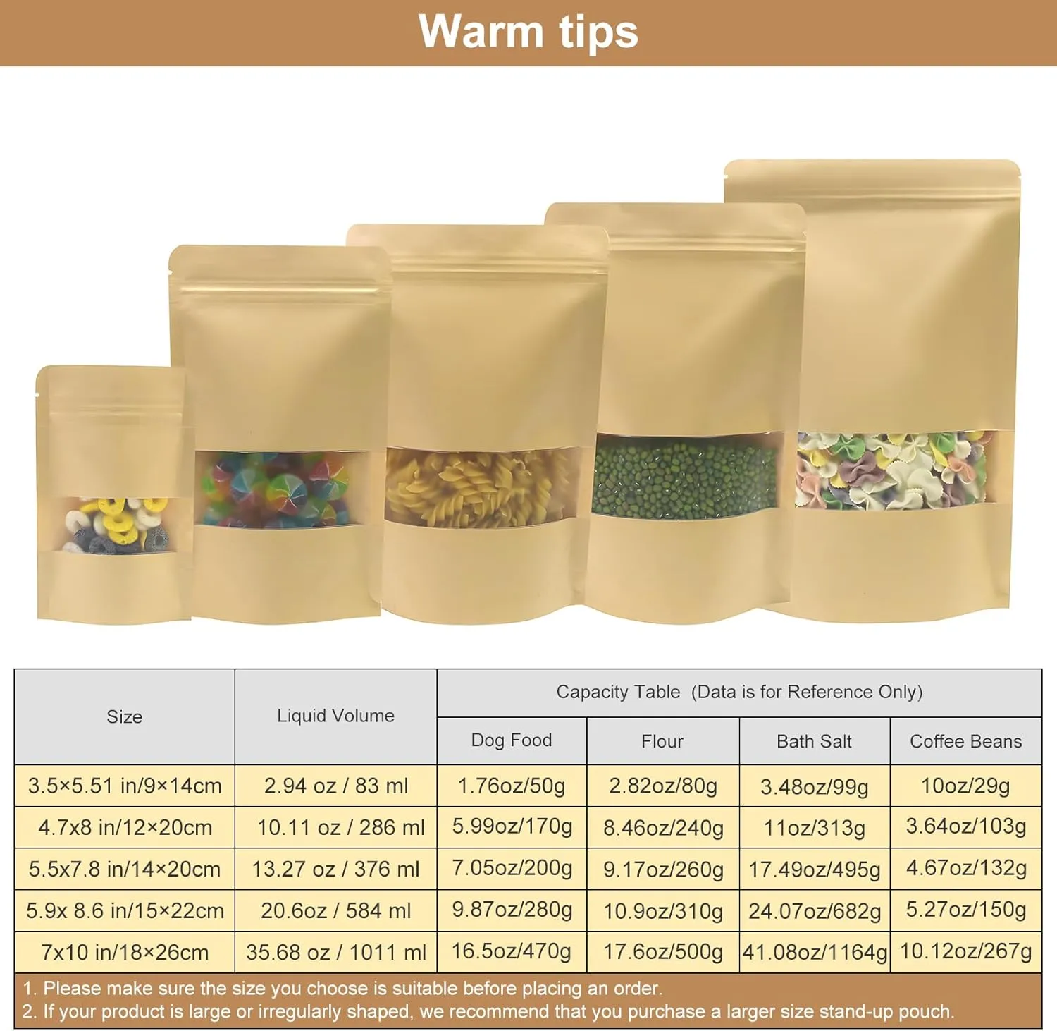 SumDirect Kraft Food Bags with Window - Resealable Kraft Stand Up Pouches, 50Pack 7X10inches Zipper Food Storage Bags for Packaging