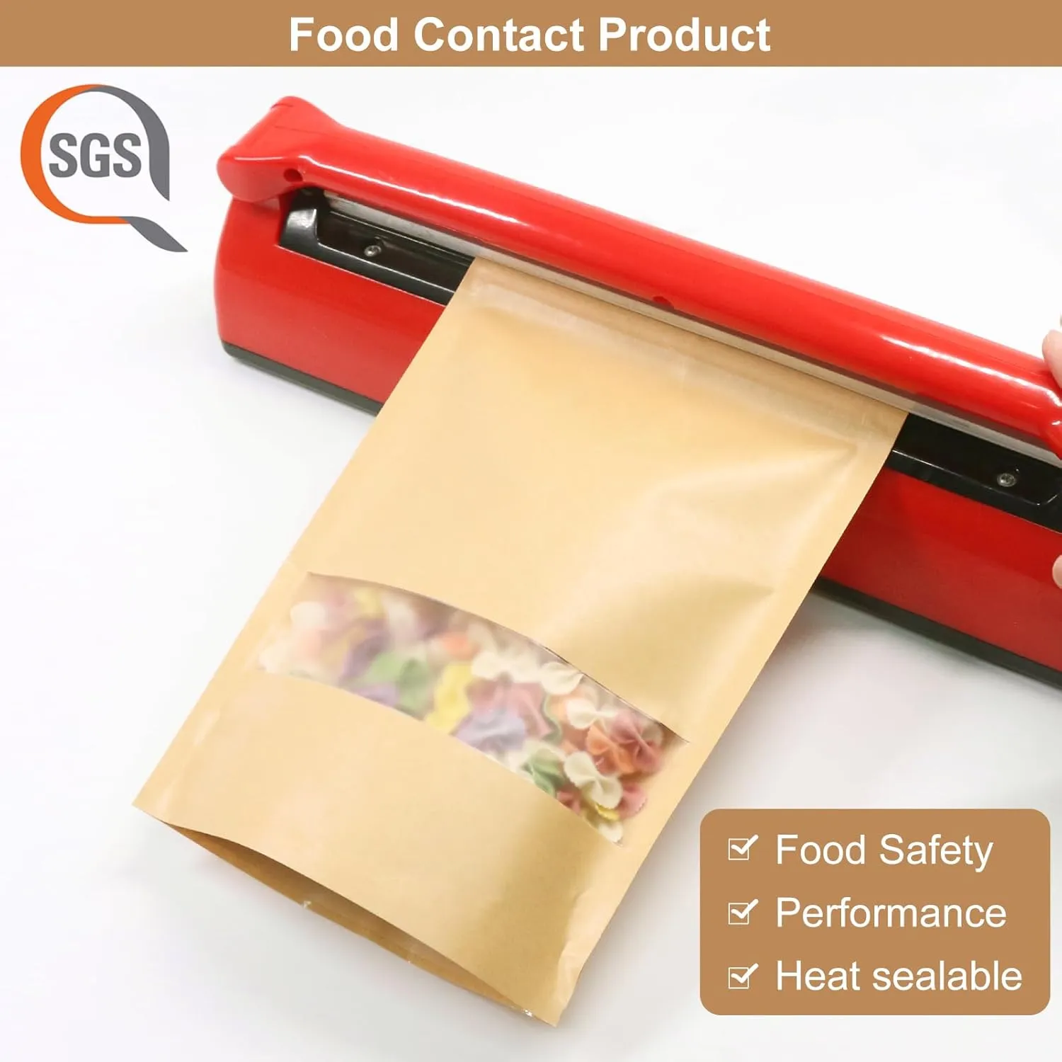 SumDirect Kraft Food Bags with Window - Resealable Kraft Stand Up Pouches, 50Pack 7X10inches Zipper Food Storage Bags for Packaging