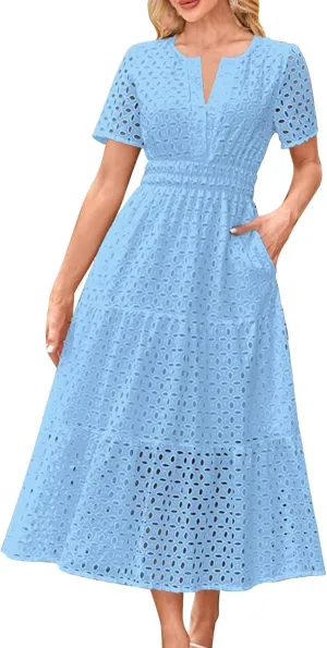 Summer Dresses for Women Cotton Eyelet Short Sleeve V Neck A Line Maxi Dress Casual Beach Coverups with Pockets