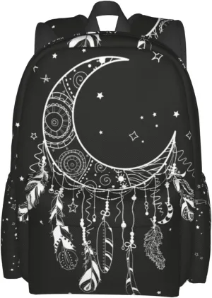 SUPLUCHOM School Backpack Boho Moon Magic Dreamcatcher Casual Daypack Men Women Polyester Laptop Bag with Side Pockets Bookbag for Travel Hiking Work Student Over 3 Years Old Kids