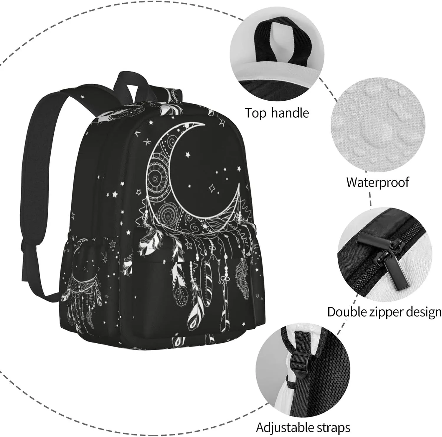 SUPLUCHOM School Backpack Boho Moon Magic Dreamcatcher Casual Daypack Men Women Polyester Laptop Bag with Side Pockets Bookbag for Travel Hiking Work Student Over 3 Years Old Kids