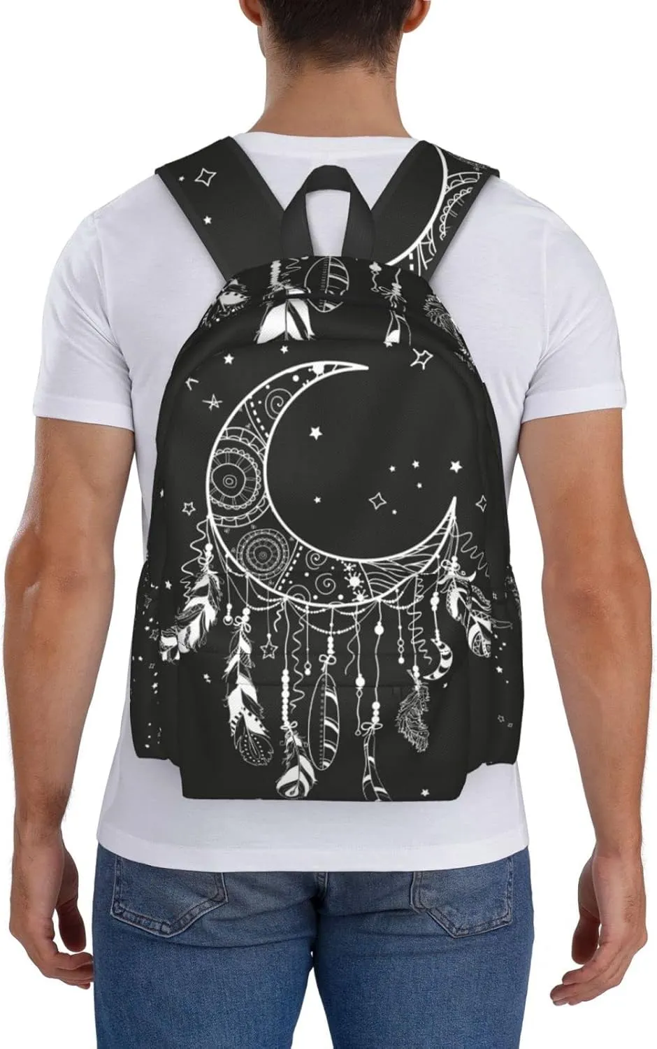 SUPLUCHOM School Backpack Boho Moon Magic Dreamcatcher Casual Daypack Men Women Polyester Laptop Bag with Side Pockets Bookbag for Travel Hiking Work Student Over 3 Years Old Kids