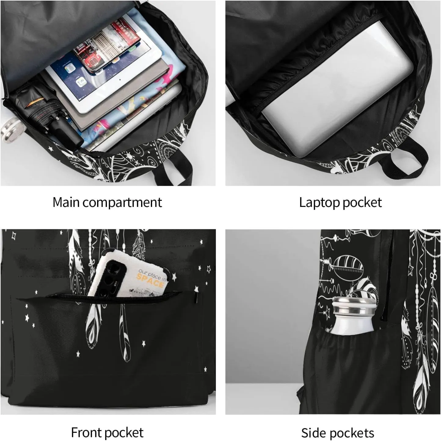 SUPLUCHOM School Backpack Boho Moon Magic Dreamcatcher Casual Daypack Men Women Polyester Laptop Bag with Side Pockets Bookbag for Travel Hiking Work Student Over 3 Years Old Kids